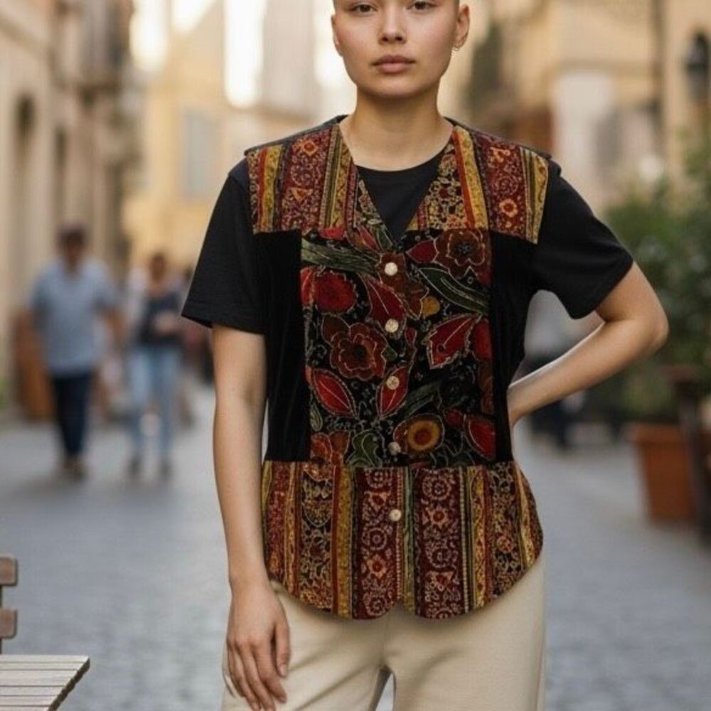 Jaclyn Smith Embossed Velvet Vintage Mixed Floral Pattern Vest Sz